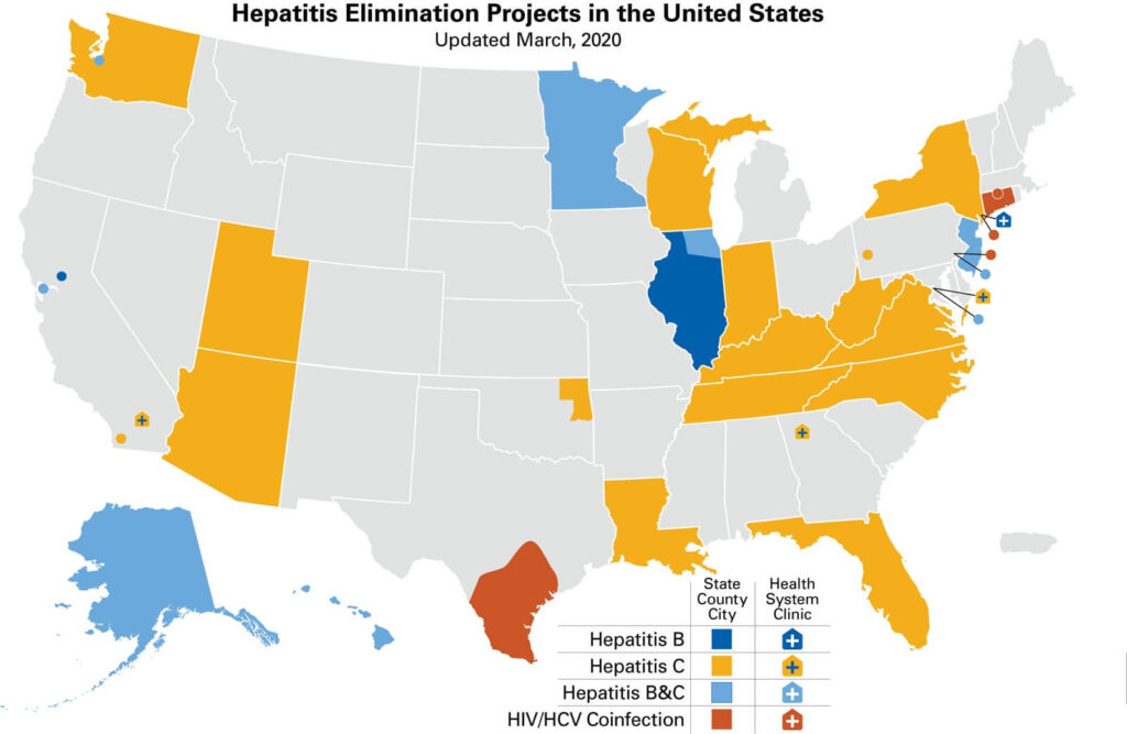 A national map of various hepatitis elimination projects in the United States